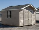 10x14 Front Entry Peak Shed With Clay Vinyl Siding and Fiberglass Double Doors