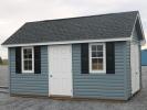 Pine Creek 10x16 Cape Cod with Twilight walls, White trim and Black Raised Panel shutters, and Charcoal shingles